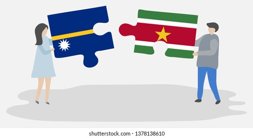 Couple holding two puzzles pieces with Nauruan and Surinamese flags. Nauru and Suriname national symbols together.