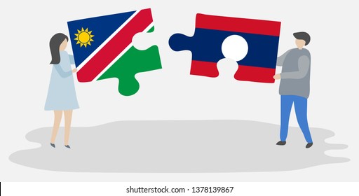 Couple holding two puzzles pieces with Namibian and Lao flags. Namibia and Laos national symbols together.