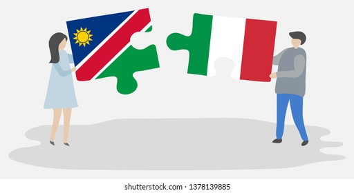 Couple holding two puzzles pieces with Namibian and Italian flags. Namibia and Italy national symbols together.