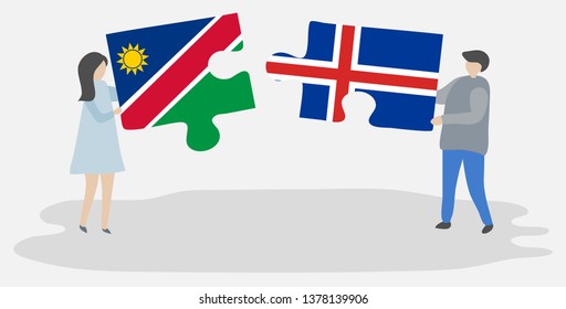 Couple holding two puzzles pieces with Namibian and Icelandic flags. Namibia and Iceland national symbols together.