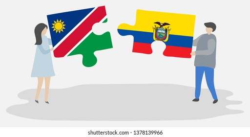 Couple holding two puzzles pieces with Namibian and Ecuadorian flags. Namibia and Ecuador national symbols together.