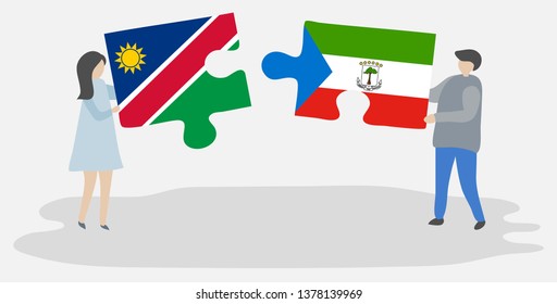 Couple holding two puzzles pieces with Namibian and Equatorial Guinean flags. Namibia and Equatorial Guinea national symbols together.