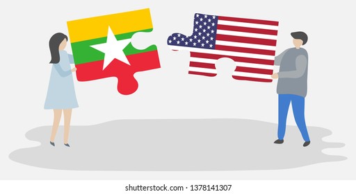 Couple holding two puzzles pieces with Burmese and American flags. Myanmar and United States of America national symbols together.