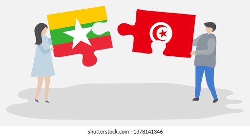 Couple holding two puzzles pieces with Burmese and Tunisian flags. Myanmar and Tunisia national symbols together.
