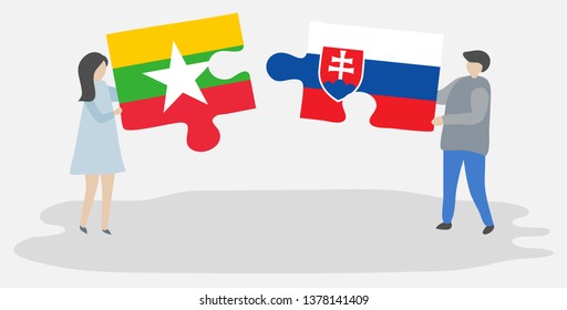 Couple holding two puzzles pieces with Burmese and Slovak flags. Myanmar and Slovakia national symbols together.