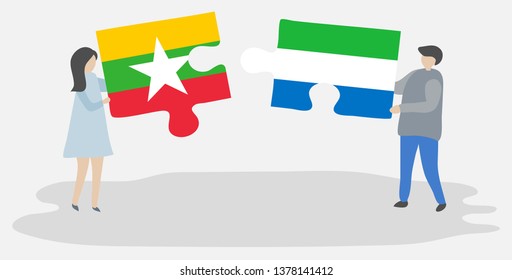 Couple holding two puzzles pieces with Burmese and Sierra Leonean flags. Myanmar and Sierra Leone national symbols together.