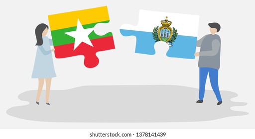 Couple holding two puzzles pieces with Burmese and Sammarinese flags. Myanmar and San Marino national symbols together.