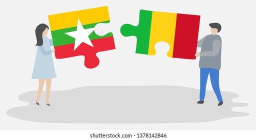Couple holding two puzzles pieces with Burmese and Malian flags. Myanmar and Mali national symbols together.