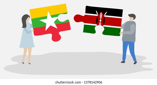 Couple holding two puzzles pieces with Burmese and Kenyan flags. Myanmar and Kenya national symbols together.