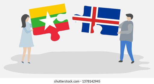 Couple holding two puzzles pieces with Burmese and Icelandic flags. Myanmar and Iceland national symbols together.