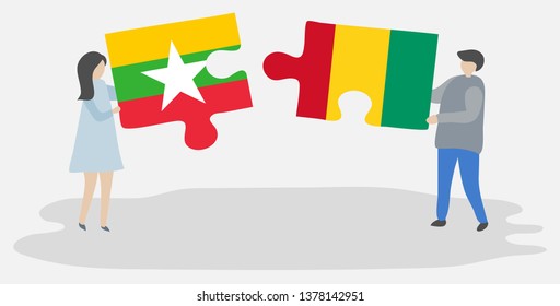 Couple holding two puzzles pieces with Burmese and Guinean flags. Myanmar and Guinea national symbols together.