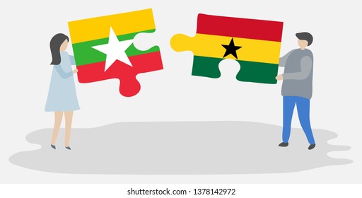 Couple holding two puzzles pieces with Burmese and Ghanaian flags. Myanmar and Ghana national symbols together.