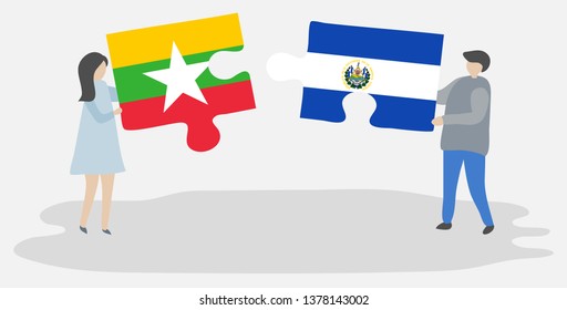 Couple holding two puzzles pieces with Burmese and Salvadoran flags. Myanmar and El Salvador national symbols together.