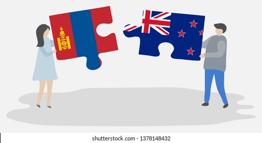 Couple holding two puzzles pieces with Mongolian and NZ flags. Mongolia and New Zealand national symbols together.