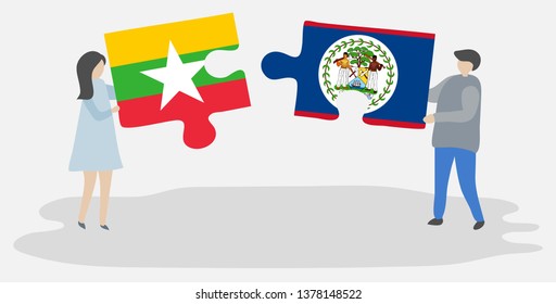 Couple holding two puzzles pieces with Burmese and Belizean flags. Myanmar and Belize national symbols together.