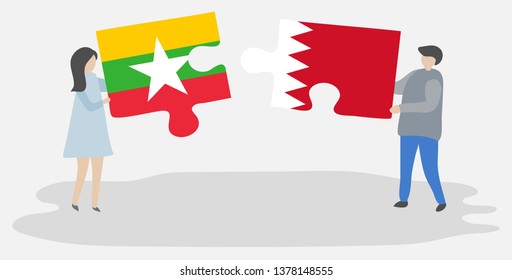 Couple holding two puzzles pieces with Burmese and Bahraini flags. Myanmar and Bahrain national symbols together.