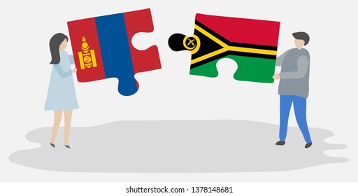 Couple holding two puzzles pieces with Mongolian and Vanuatuan flags. Mongolia and Vanuatu national symbols together.