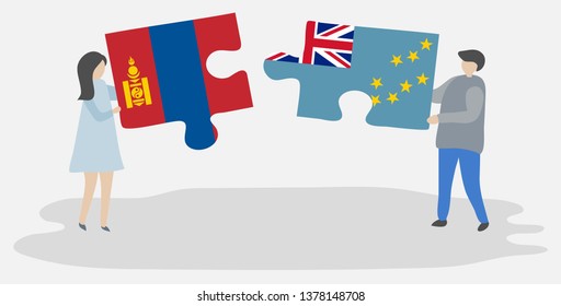 Couple holding two puzzles pieces with Mongolian and Tuvaluan flags. Mongolia and Tuvalu national symbols together.