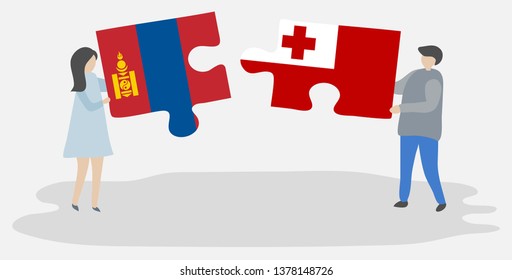 Couple holding two puzzles pieces with Mongolian and Tongan flags. Mongolia and Tonga national symbols together.