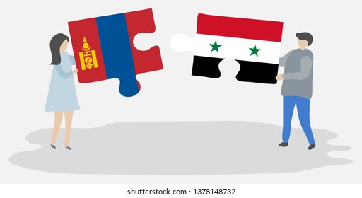 Couple holding two puzzles pieces with Mongolian and Syrian flags. Mongolia and Syria national symbols together.