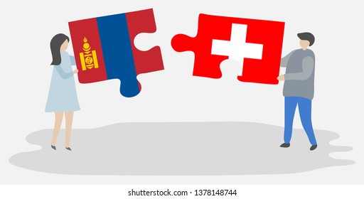 Couple holding two puzzles pieces with Mongolian and Swiss flags. Mongolia and Switzerland national symbols together.