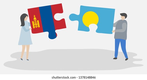 Couple holding two puzzles pieces with Mongolian and Palauan flags. Mongolia and Palau national symbols together.