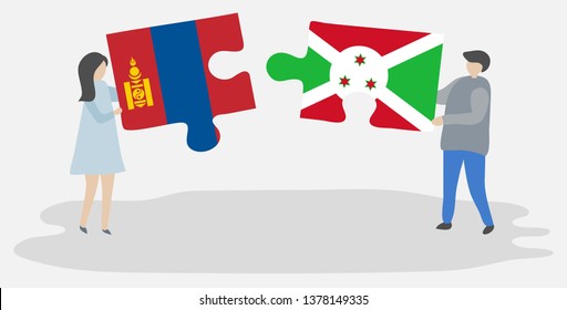 Couple holding two puzzles pieces with Mongolian and Burundian flags. Mongolia and Burundi national symbols together.