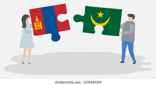 Couple holding two puzzles pieces with Mongolian and Mauritanian flags. Mongolia and Mauritania national symbols together.