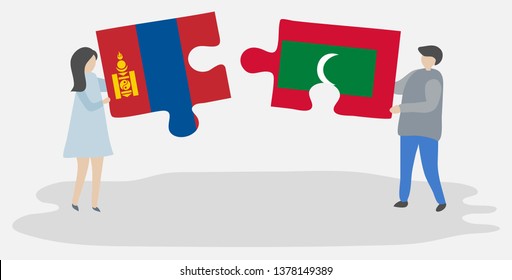 Couple holding two puzzles pieces with Mongolian and Maldivian flags. Mongolia and Maldives national symbols together.