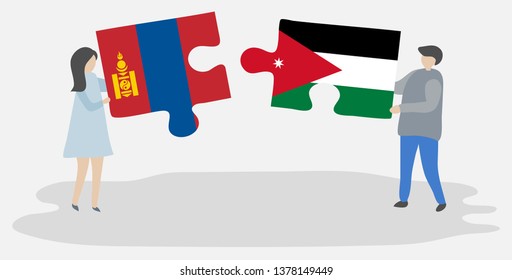 Couple holding two puzzles pieces with Mongolian and Jordanian flags. Mongolia and Jordan national symbols together.