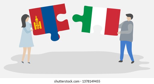 Couple holding two puzzles pieces with Mongolian and Italian flags. Mongolia and Italy national symbols together.