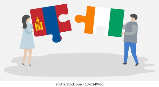 Couple holding two puzzles pieces with Mongolian and Ivorian flags. Mongolia and Ivory Coast national symbols together.