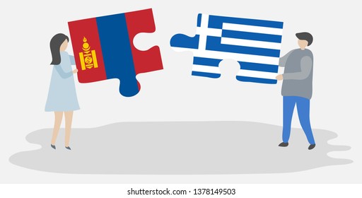 Couple holding two puzzles pieces with Mongolian and Greek flags. Mongolia and Greece national symbols together.