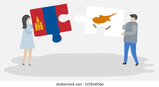 Couple holding two puzzles pieces with Mongolian and Cypriot flags. Mongolia and Cyprus national symbols together.