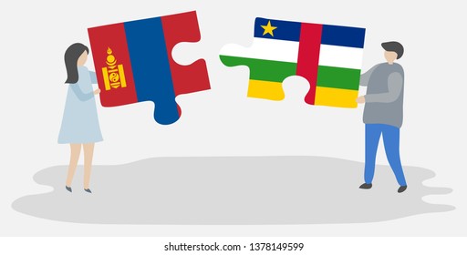 Couple holding two puzzles pieces with Mongolian and Central African flags. Mongolia and Central African Republic national symbols together.