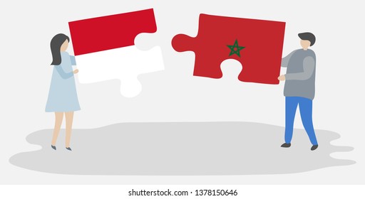 Couple holding two puzzles pieces with Monegasque and Moroccan flags. Monaco and Morocco national symbols together.