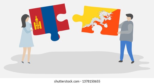 Couple holding two puzzles pieces with Mongolian and Bhutanese flags. Mongolia and Bhutan national symbols together.