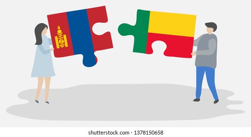 Couple holding two puzzles pieces with Mongolian and Beninese flags. Mongolia and Benin national symbols together.