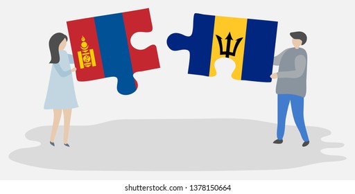 Couple holding two puzzles pieces with Mongolian and Barbadian flags. Mongolia and Barbados national symbols together.