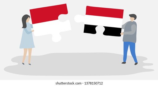 Couple holding two puzzles pieces with Monegasque and Yemeni flags. Monaco and Yemen national symbols together.
