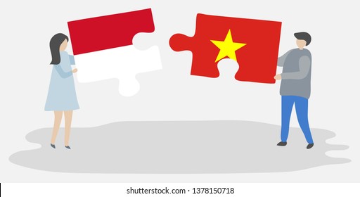 Couple holding two puzzles pieces with Monegasque and Vietnamese flags. Monaco and Vietnam national symbols together.