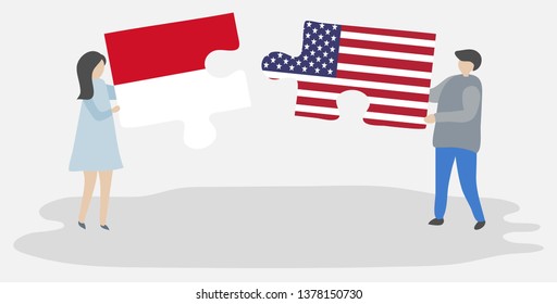 Couple holding two puzzles pieces with Monegasque and American flags. Monaco and United States of America national symbols together.