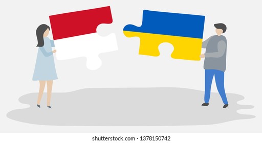 Couple holding two puzzles pieces with Monegasque and Ukrainian flags. Monaco and Ukraine national symbols together.