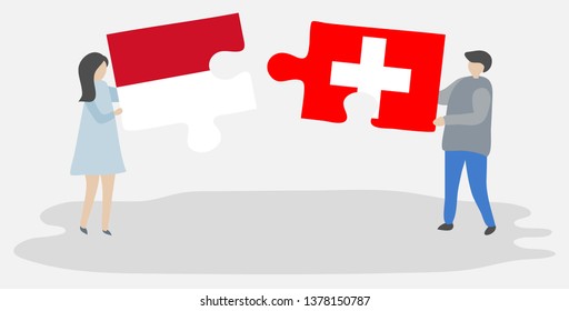 Couple holding two puzzles pieces with Monegasque and Swiss flags. Monaco and Switzerland national symbols together.