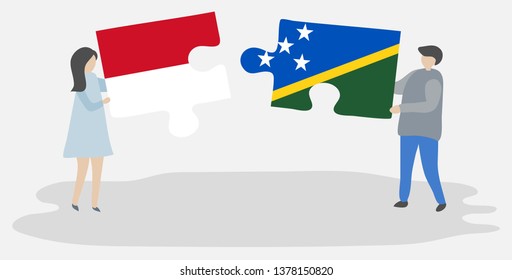 Couple holding two puzzles pieces with Monegasque and Solomon Island flags. Monaco and Solomon Islands national symbols together.