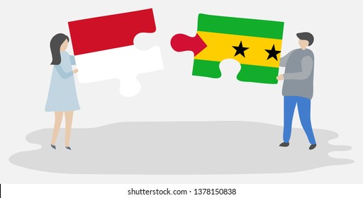 Couple holding two puzzles pieces with Monegasque and Sao Tomean flags. Monaco and Sao Tome and Principe national symbols together.