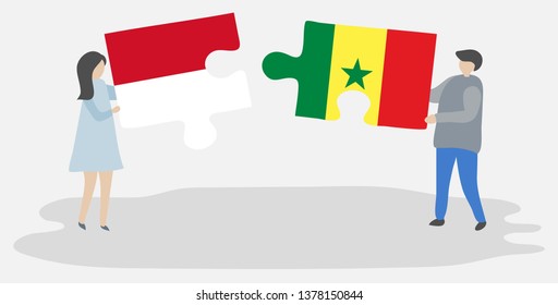 Couple holding two puzzles pieces with Monegasque and Senegalese flags. Monaco and Senegal national symbols together.