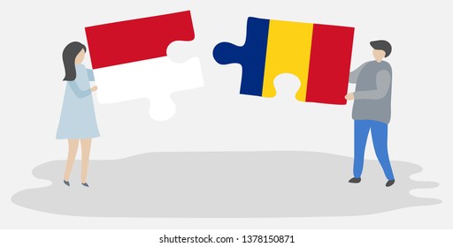 Couple holding two puzzles pieces with Monegasque and Romanian flags. Monaco and Romania national symbols together.
