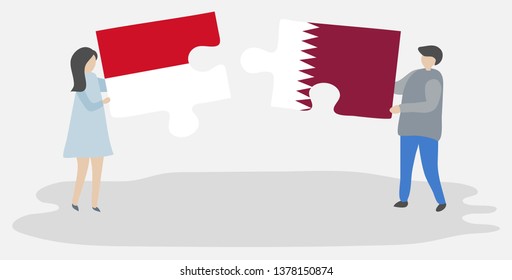 Couple holding two puzzles pieces with Monegasque and Qatari flags. Monaco and Qatar national symbols together.