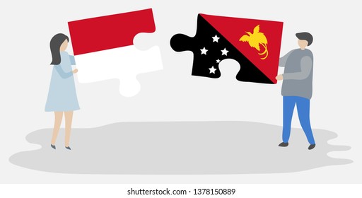 Couple holding two puzzles pieces with Monegasque and Papuan flags. Monaco and Papua New Guinea national symbols together.